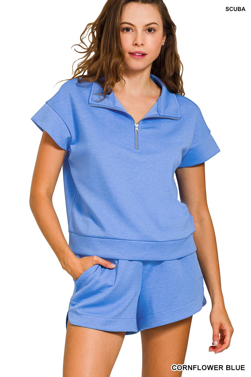 Scuba High Neck Half Zip Top & Dolphin Shorts Set Zenana