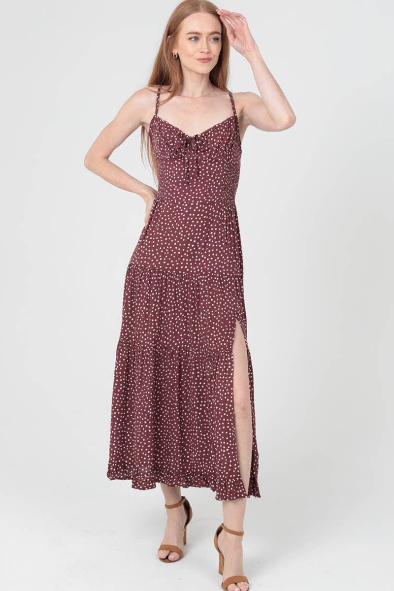 C4C84-FQ00 POLKA DOT SIDE SLIT MAXI DRESS