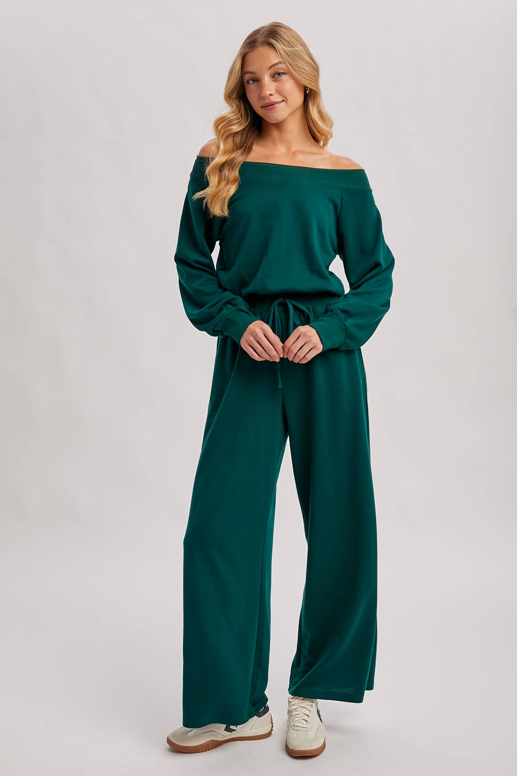 WIDE NECK OFF THE SHOULDER KNIT JUMPSUIT