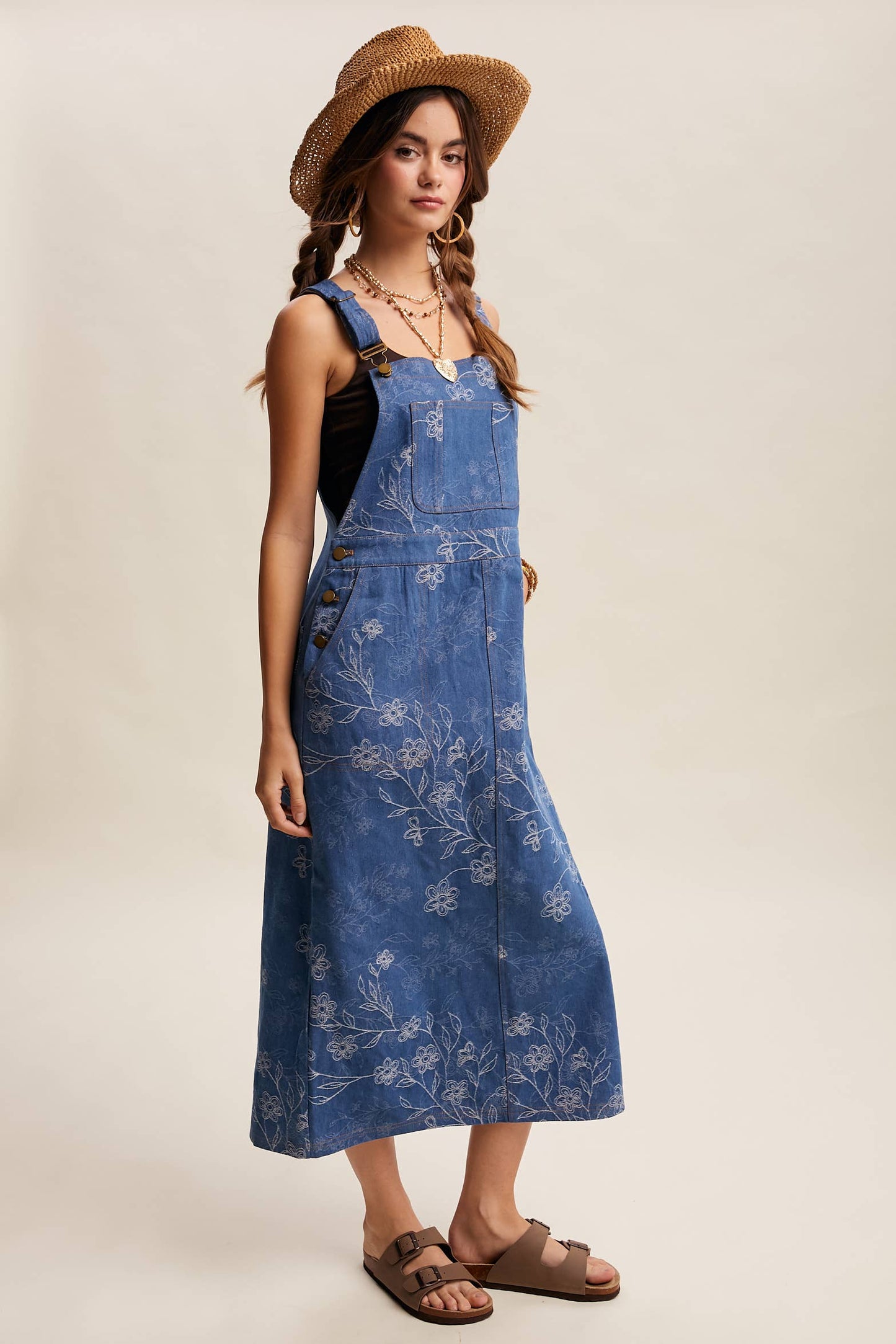 Floral Embroidered Denim Overall Dress LD1615