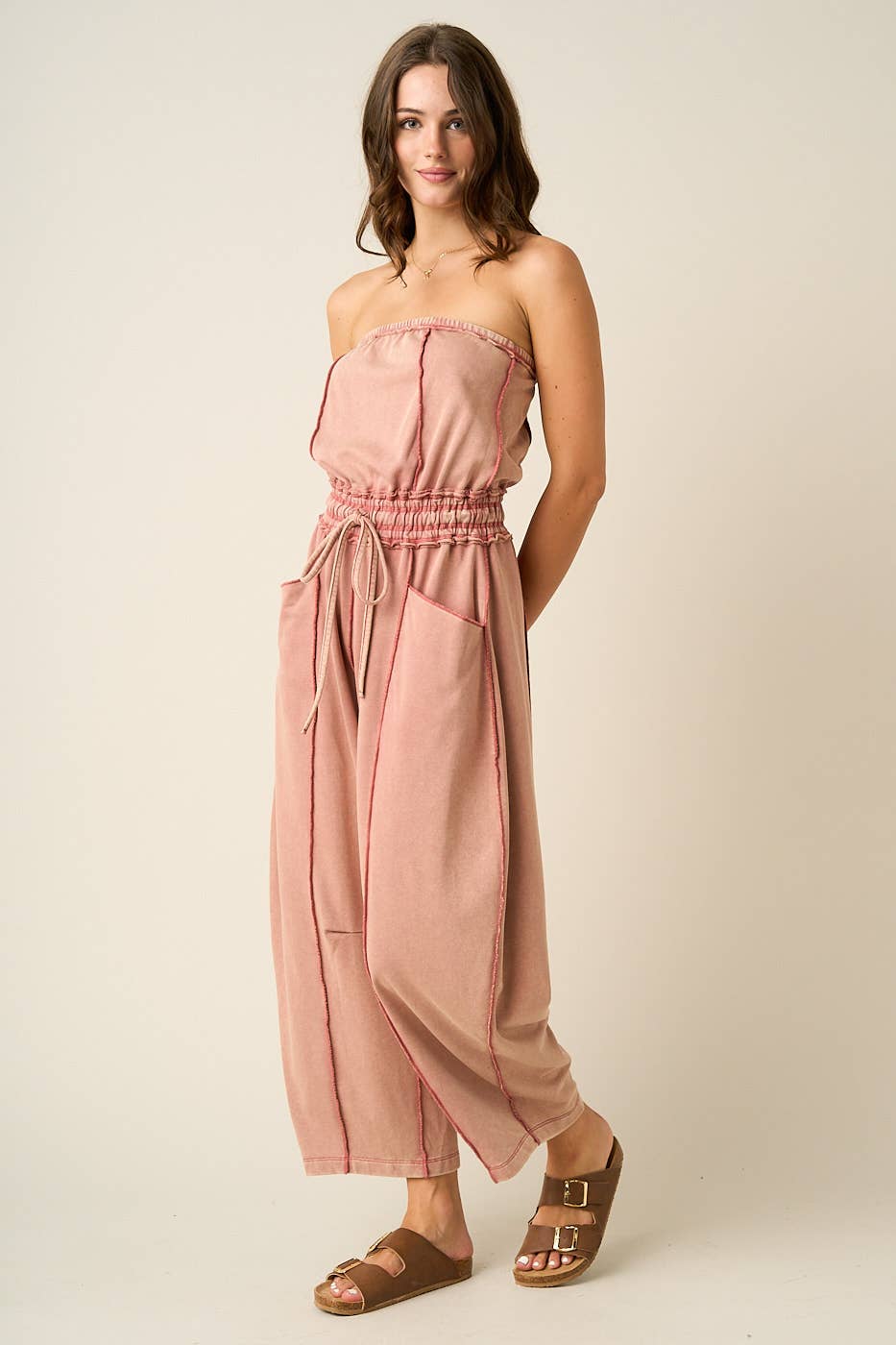 MINERAL WASH CONTRAST STITCH BARREL LEG JUMPSUIT