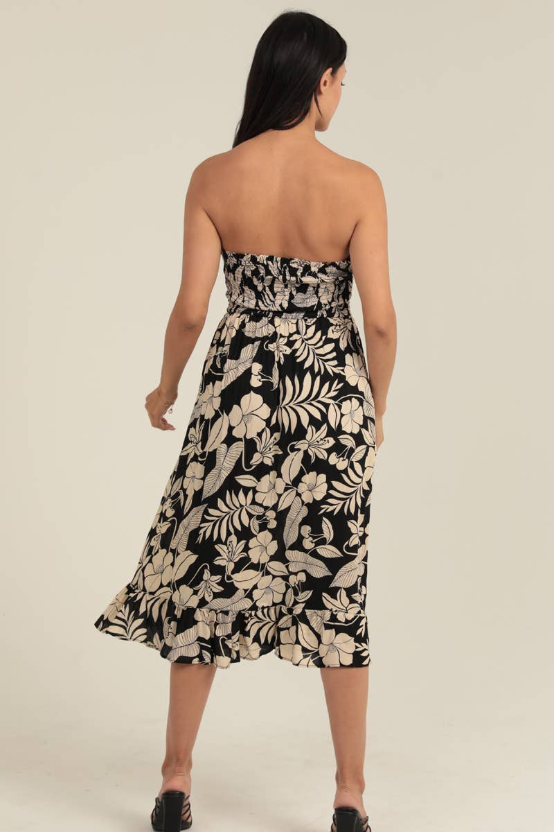 C4F45-A920 SMOCKED BODICE STRAPLESS MIDI DRESS W POCKETS