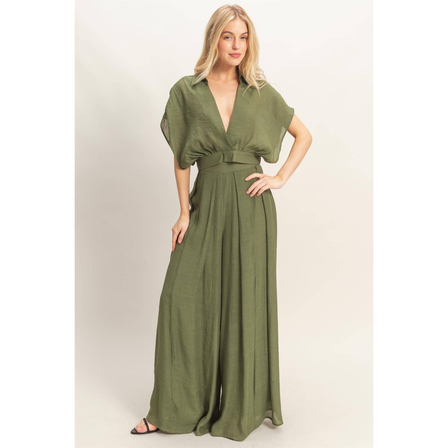 Collared Wrap Top & Wide-Leg Pants Set