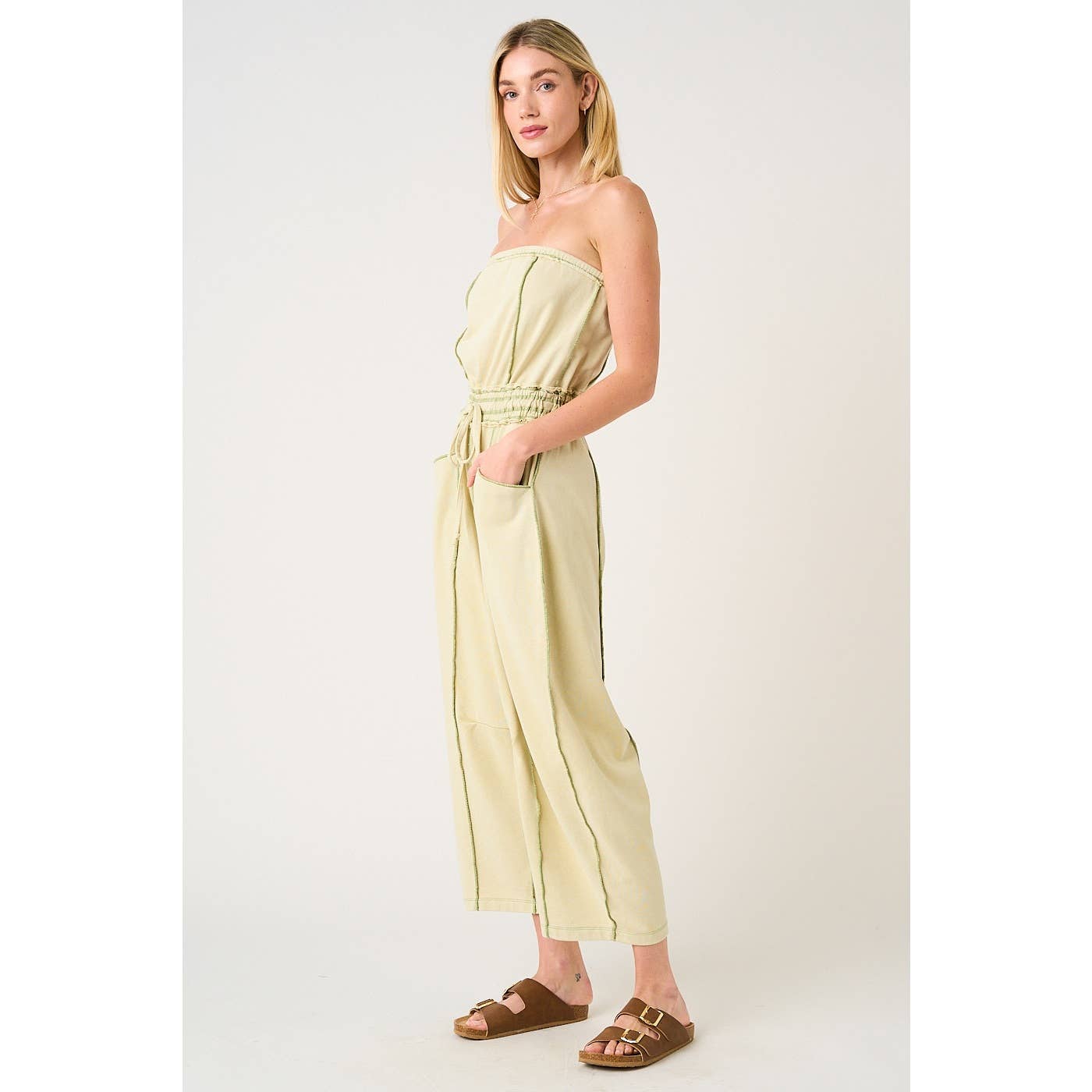 MINERAL WASH CONTRAST STITCH BARREL LEG JUMPSUIT