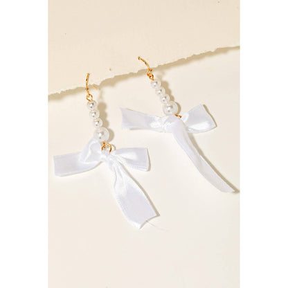 Pearl Beaded Bar And Ribbon Bow Dangle Earrings