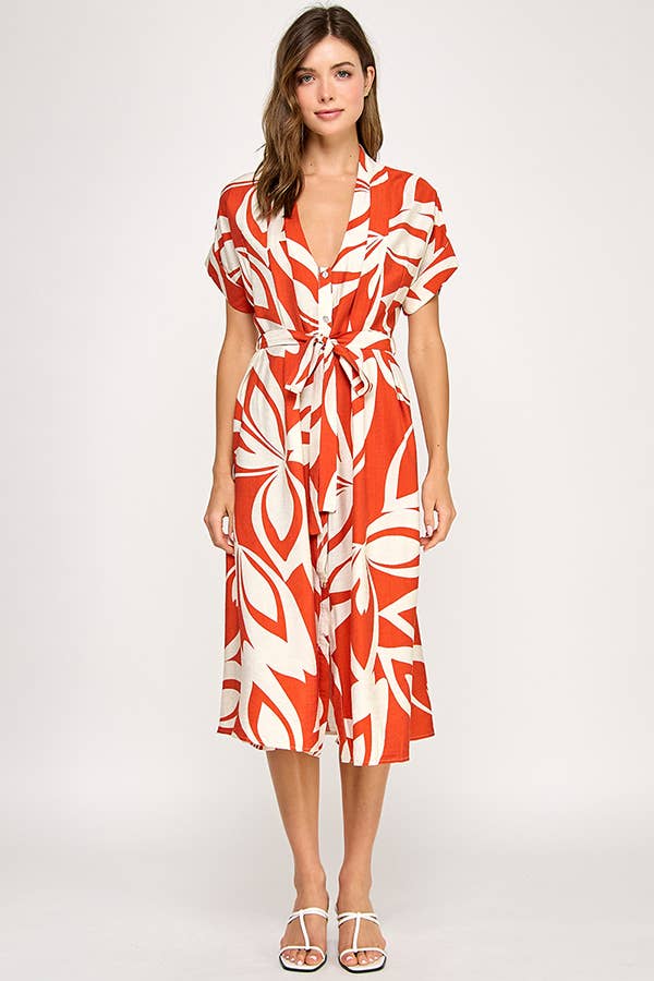 Abstract short sleeve midi dress