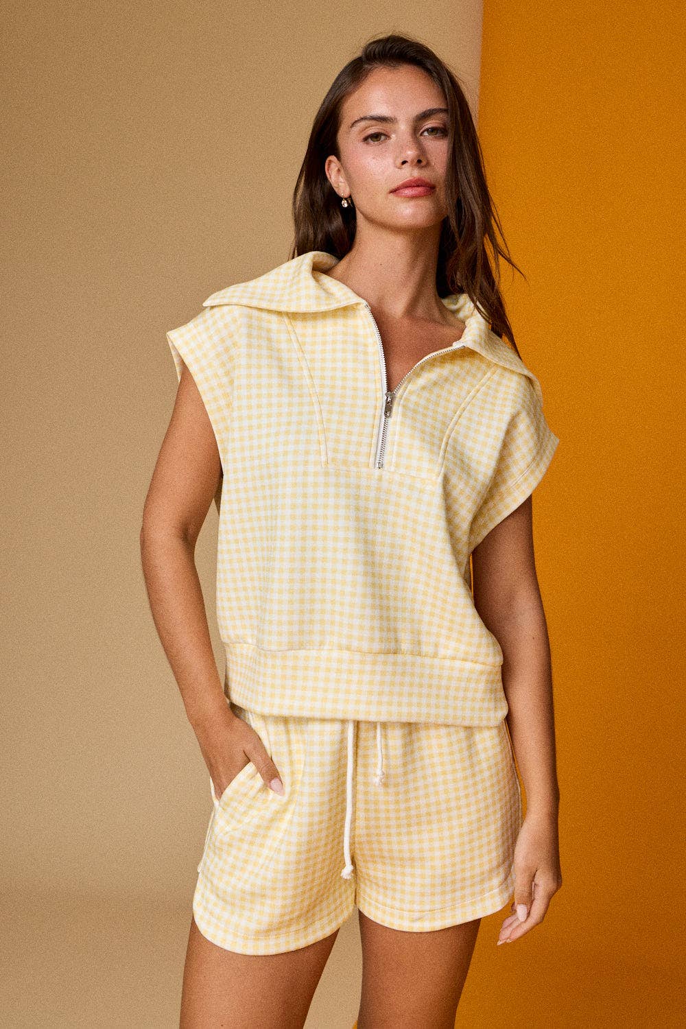 Gingham Zip Up Top Short Set