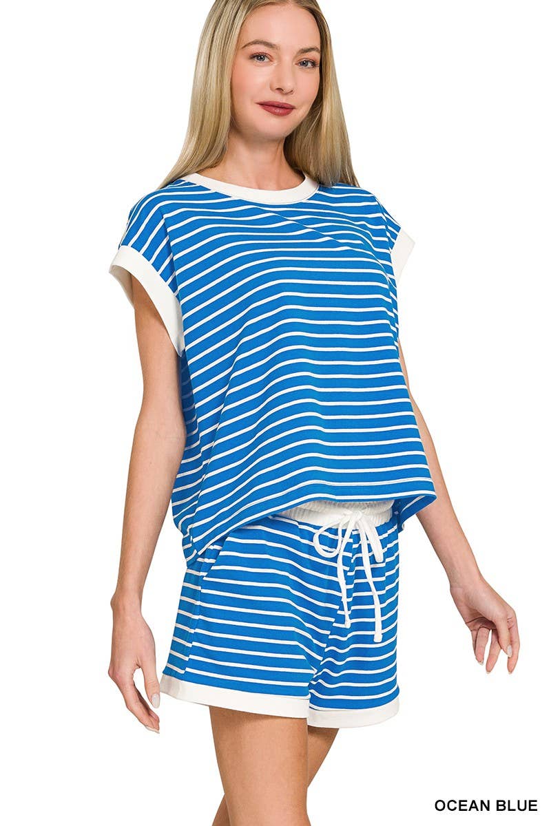 Stripe Contrast Trim Top And Shorts Set