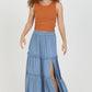 26P74-ASIS TIERED MAXI SKIRT WITH LACE TRIM AND SLIT