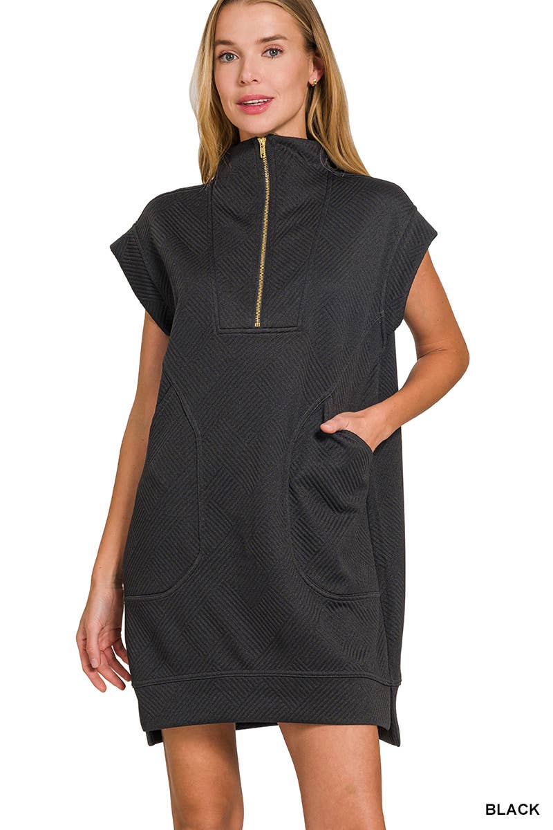 Textured Knit Jacquard Quarter Zipper Dress Zenana