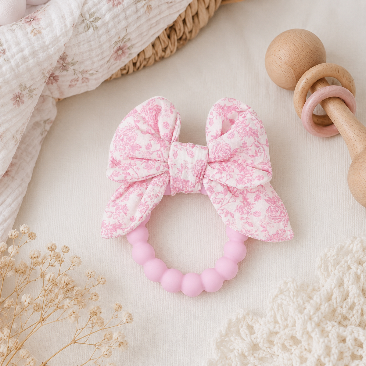 Baby Crinkle Teether Toy, Pink Bow