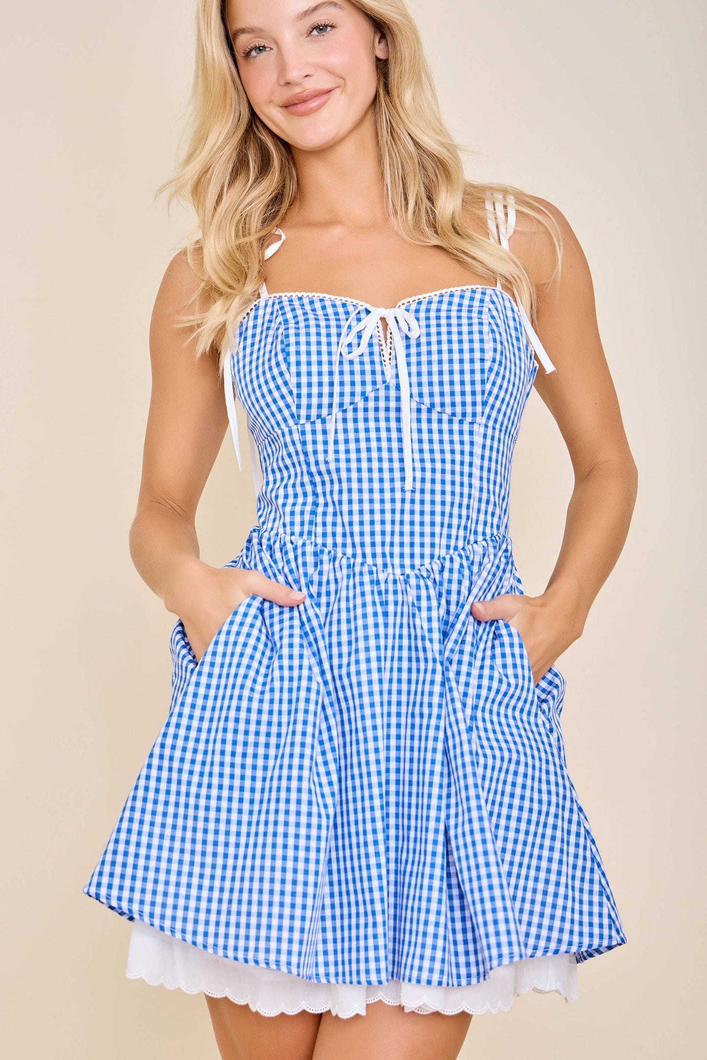 Gingham Corset Tie-Strap Flare mini dress
