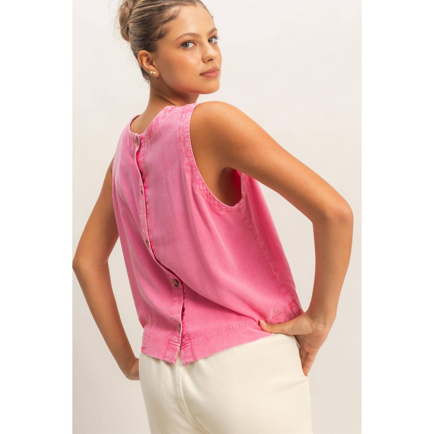 Mineral Wash Button Back Sleeveless Top