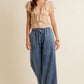 LACE TRIM WIDE LEG ELASTIC MID RISE DENIM PANTS