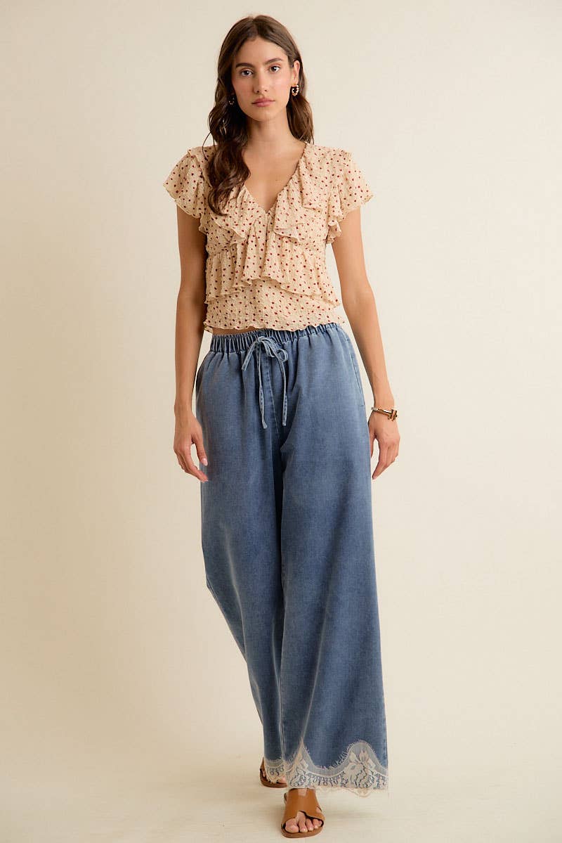 LACE TRIM WIDE LEG ELASTIC MID RISE DENIM PANTS
