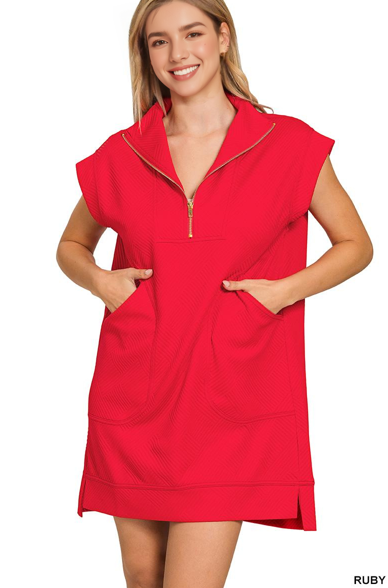 Textured Knit Jacquard Quarter Zipper Dress Zenana