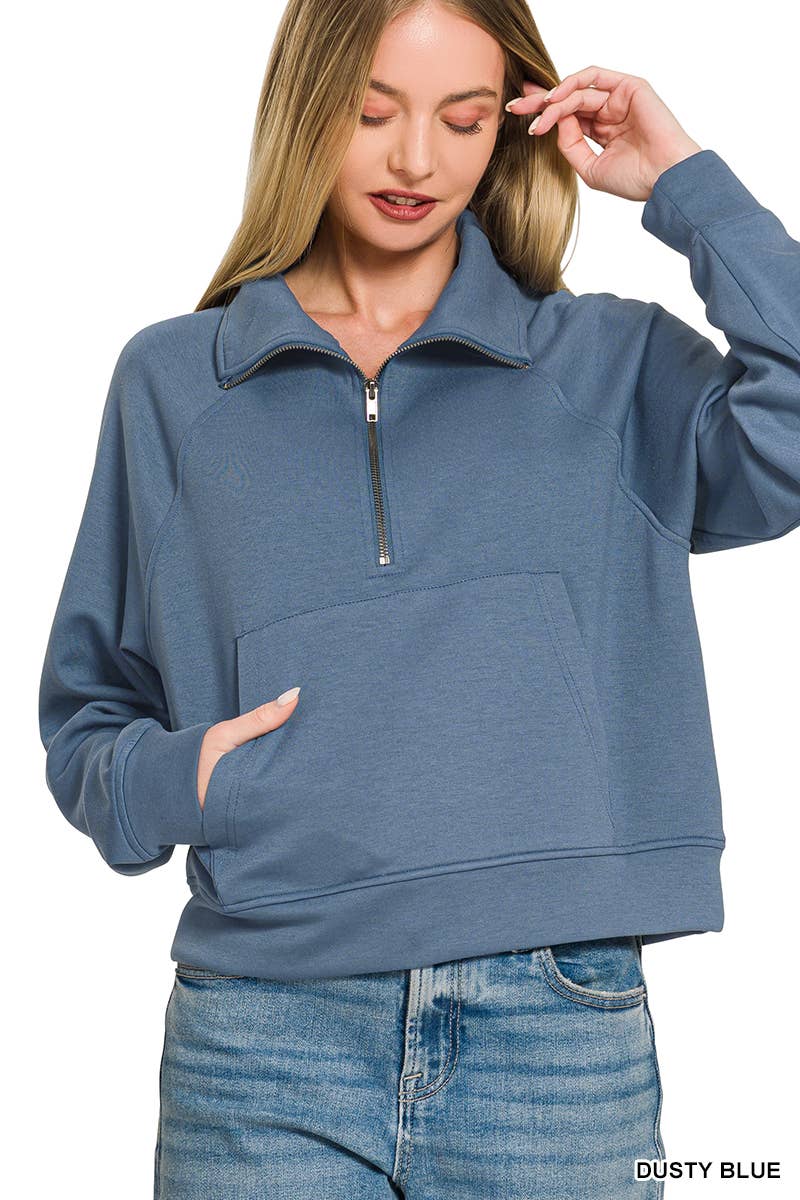Scuba Half Zip Pullover With Kangaroo Pocket Zenana