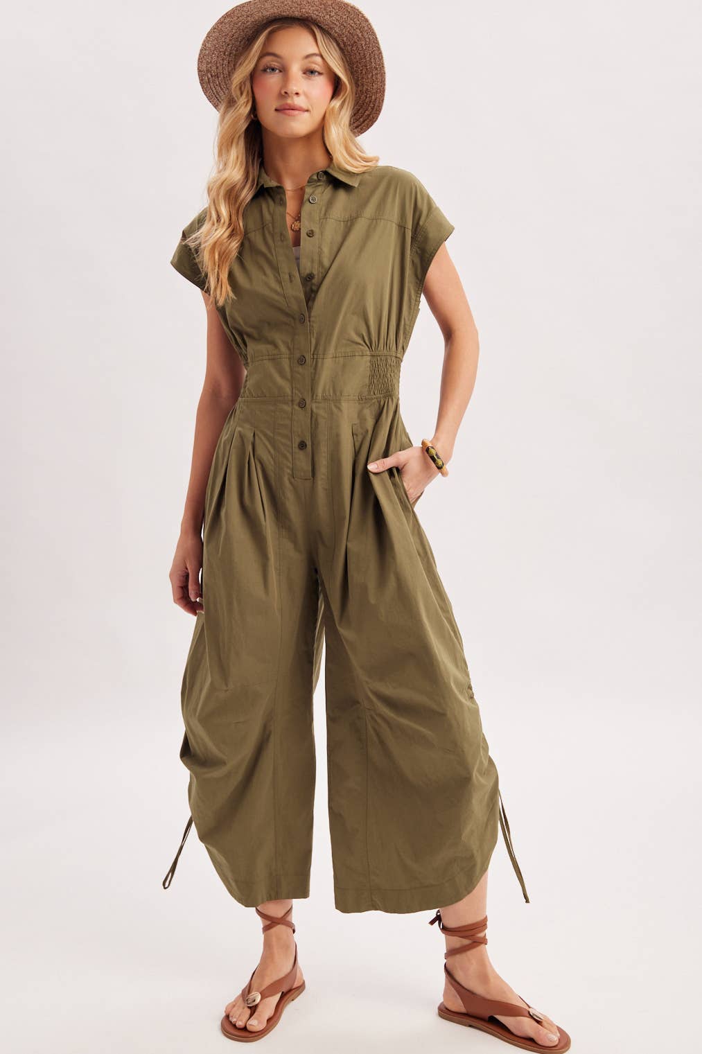 BUTTON DOWN UTILITY SHIRTING JUMPSUIT