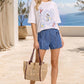 Denim Pleated Shorts with Bow Tie Detail