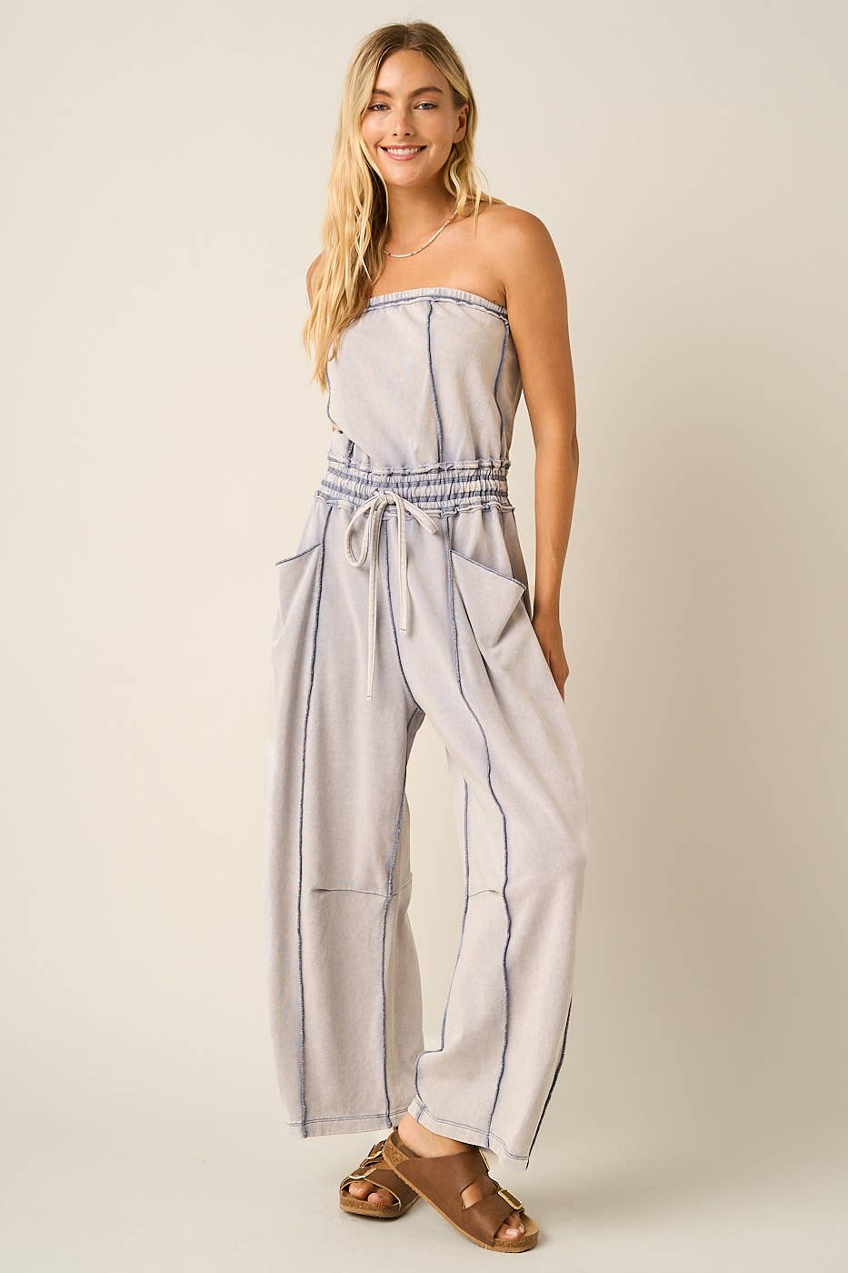 MINERAL WASH CONTRAST STITCH BARREL LEG JUMPSUIT