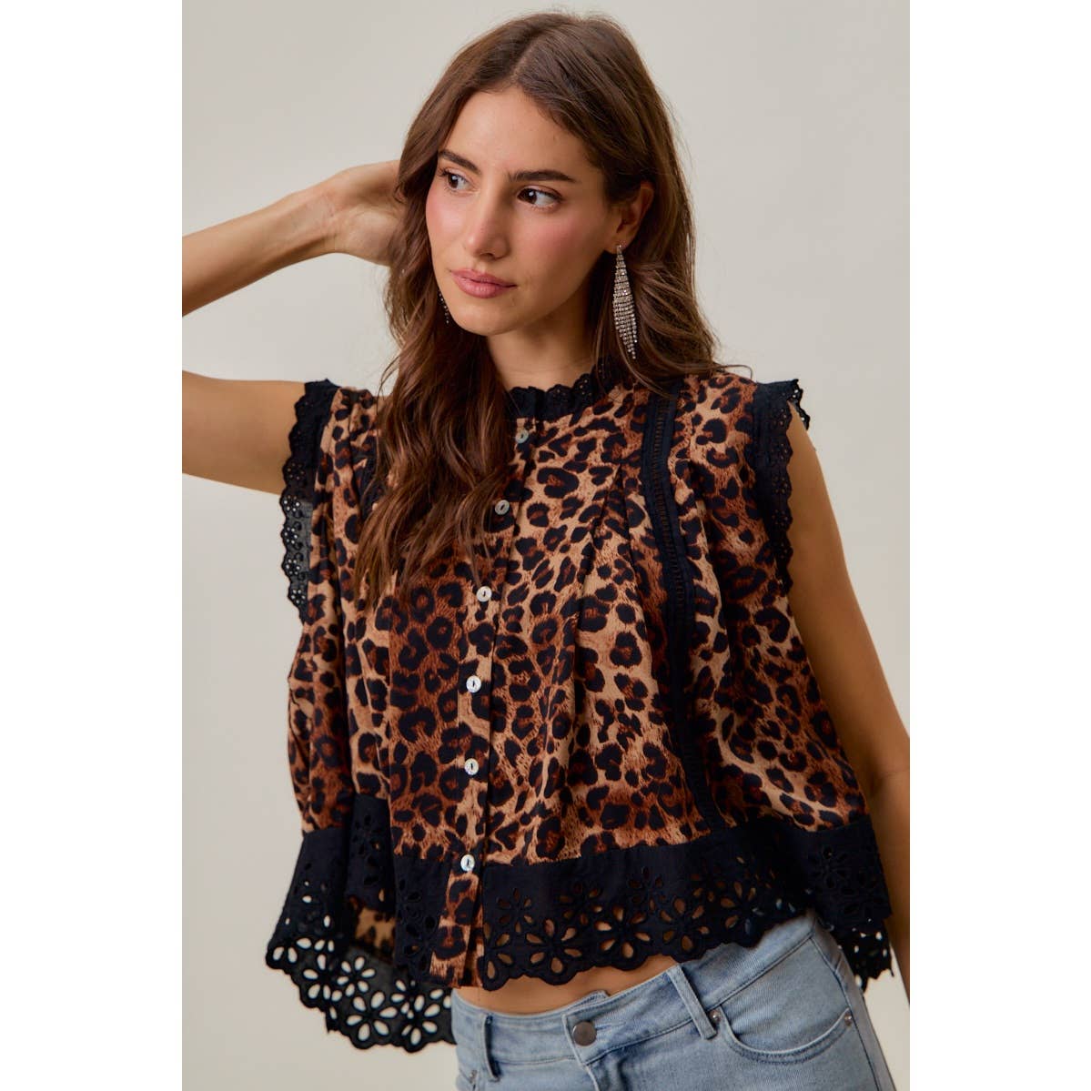 LEOPARD BUTTON UP PLEATED SLEEVELESS BLOUSE TOP