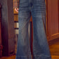 WIDE LEG FLARE WASHED DENIM JEANS WITH SIDE SEAM