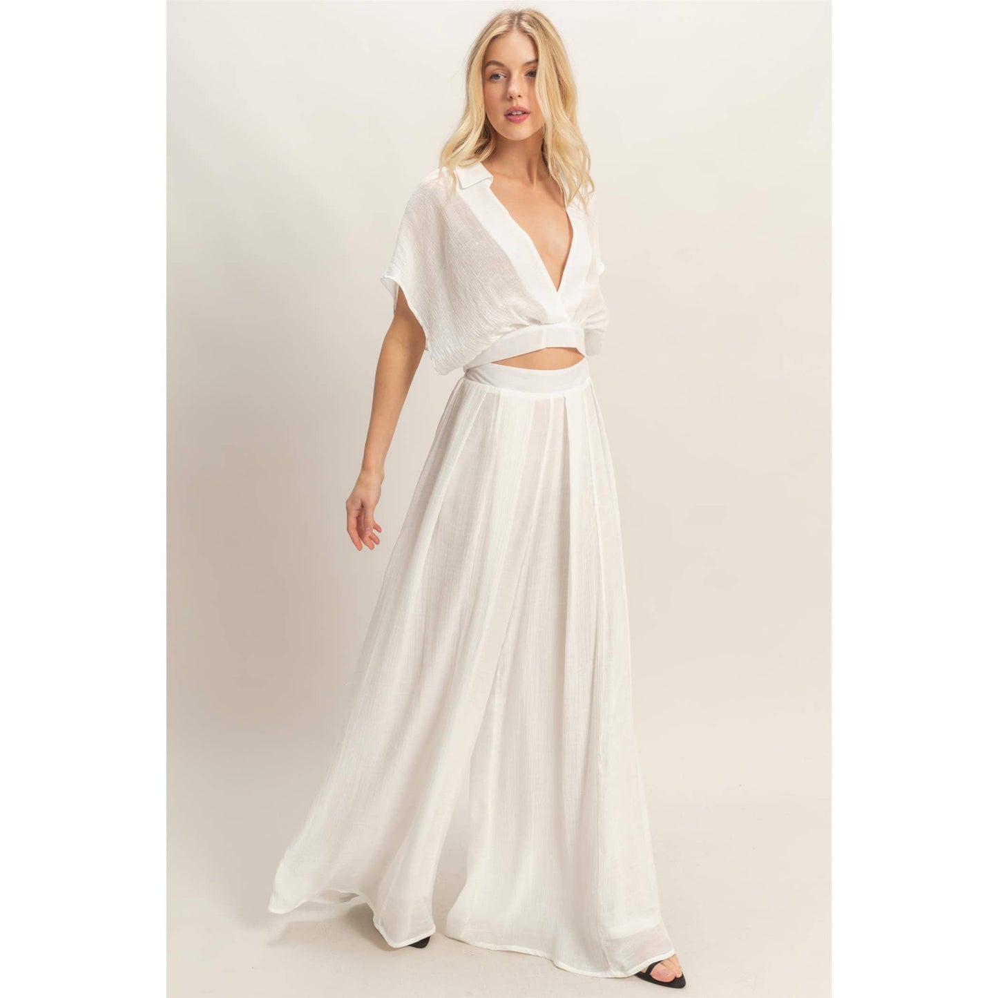Collared Wrap Top & Wide-Leg Pants Set