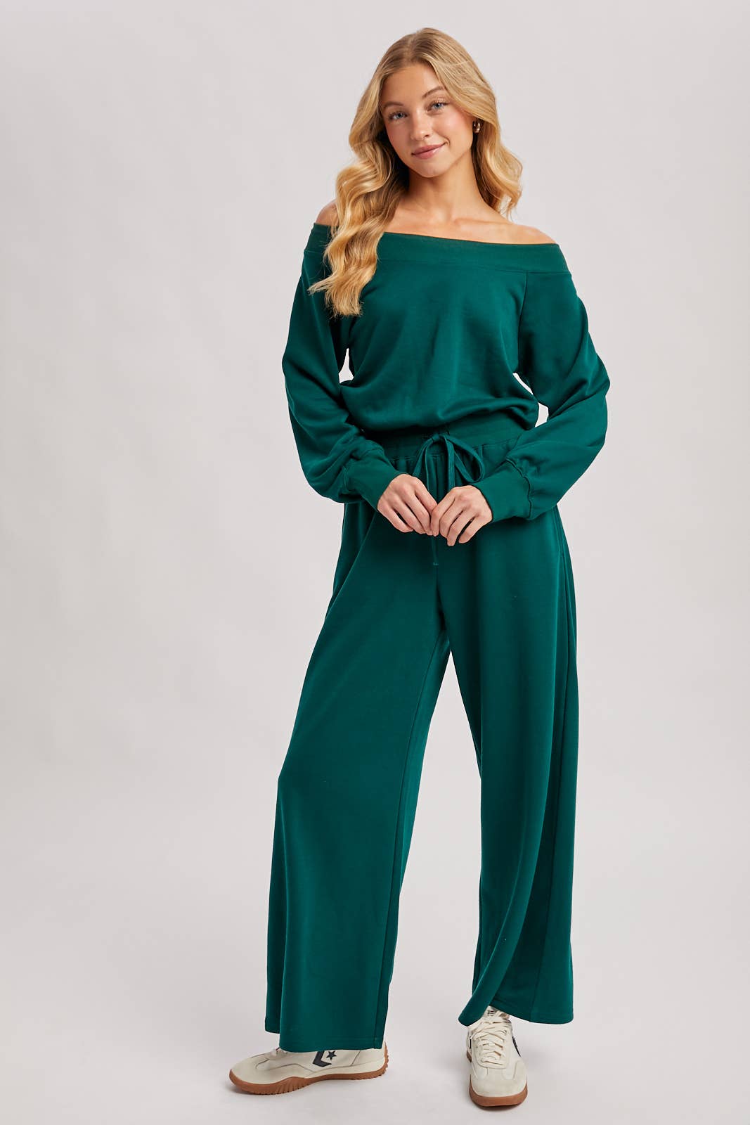 WIDE NECK OFF THE SHOULDER KNIT JUMPSUIT