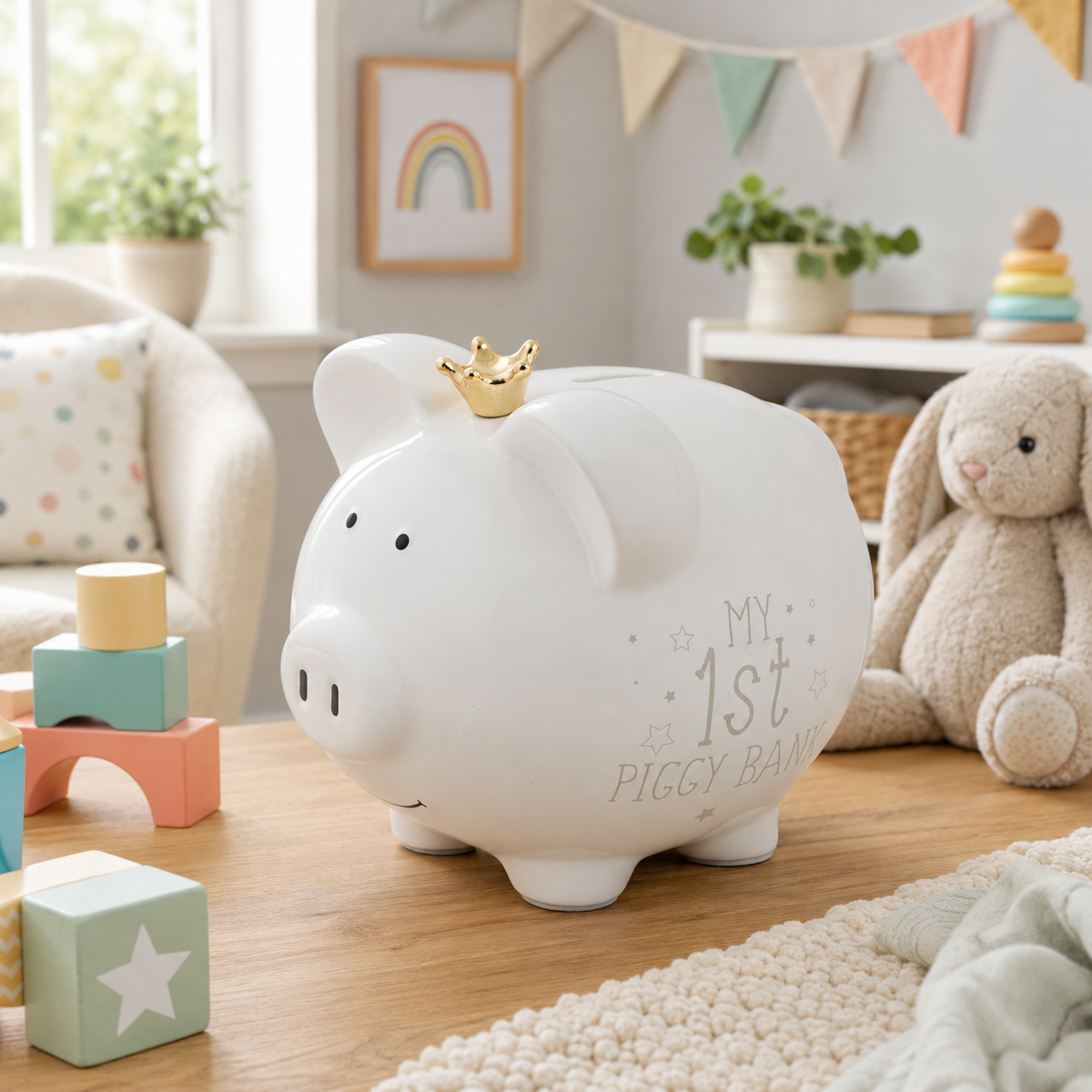 Large Ceramic My First Piggy Bank, White with Gold Crown