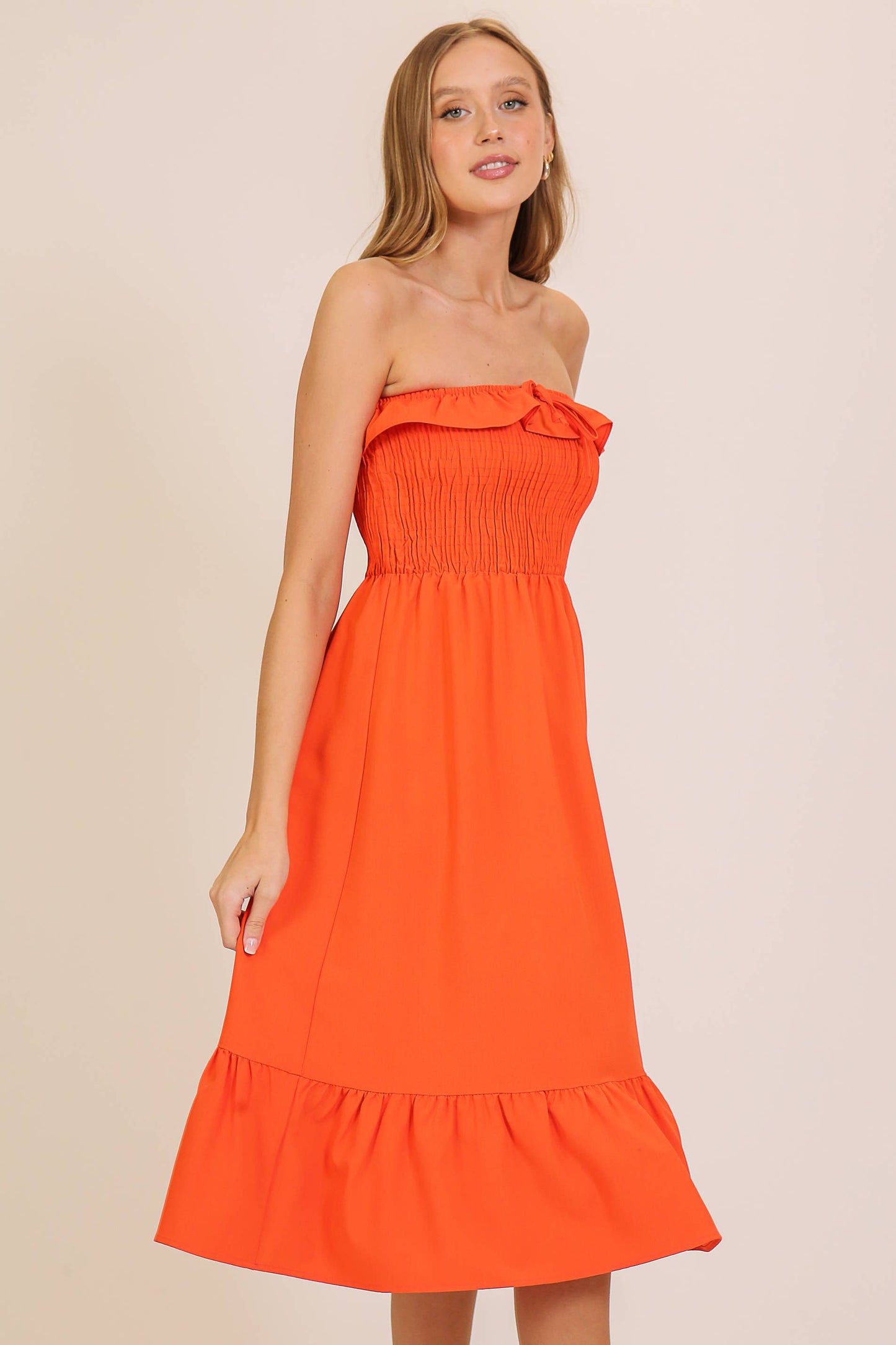 Strapless Smocked Midi Dress