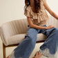 LACE TRIM WIDE LEG ELASTIC MID RISE DENIM PANTS