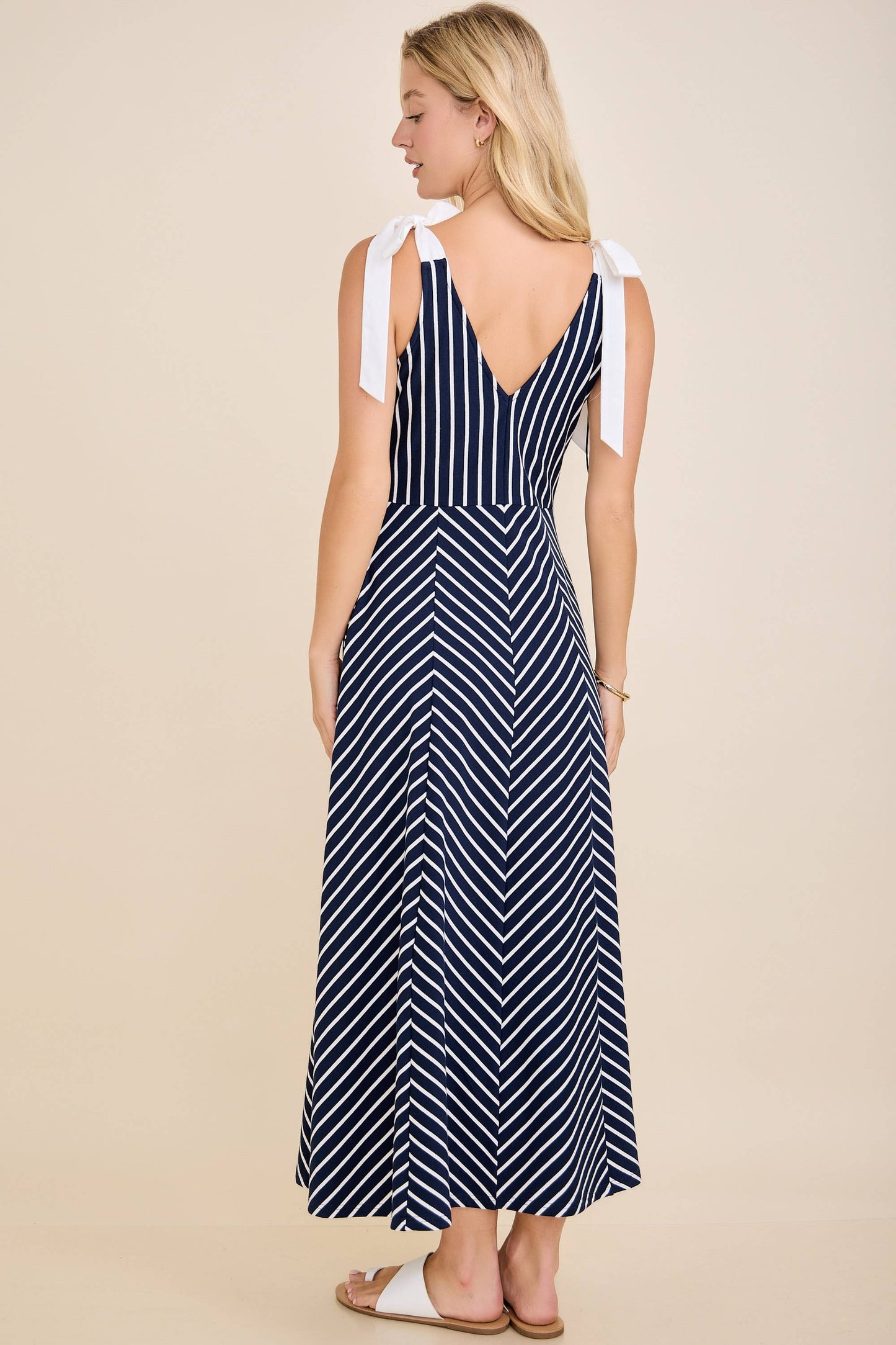 A-line long midi cotton knit dress with stripe
