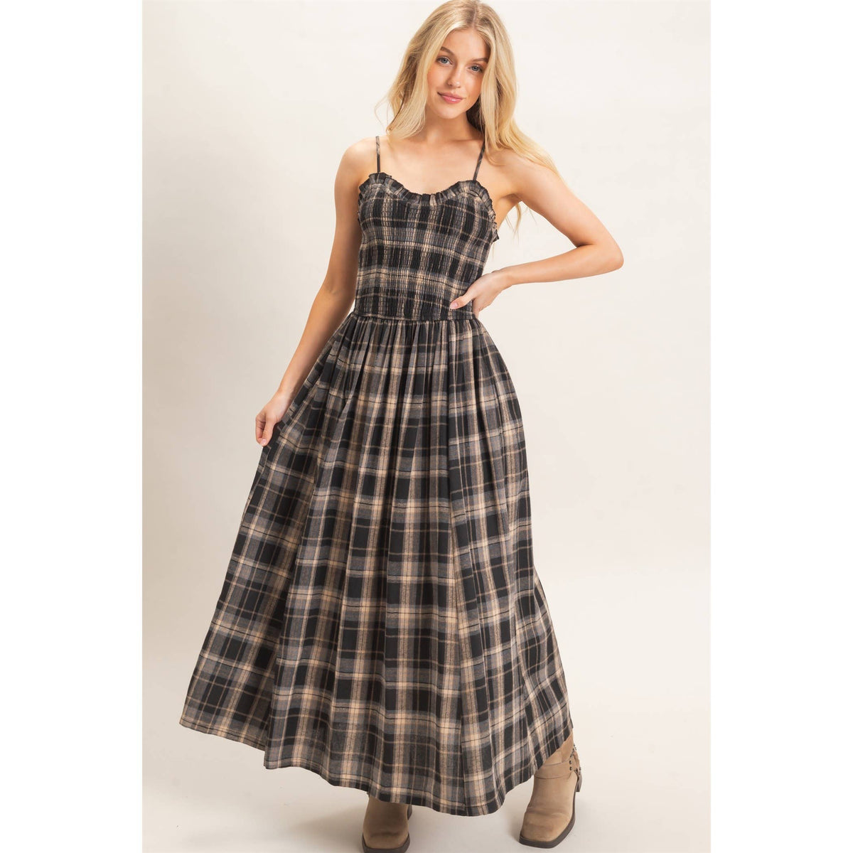 Plaid Smocked Maxi Dress