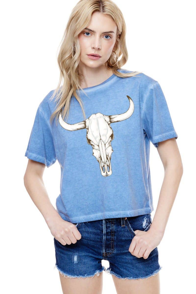 PUFF' Cow Skull Graphic S/S Lunar Dye Faux Crop