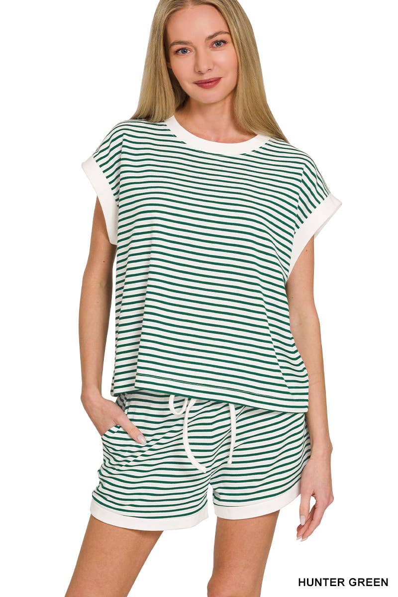 ....Stripe Contrast Trim Top & Shorts Set
