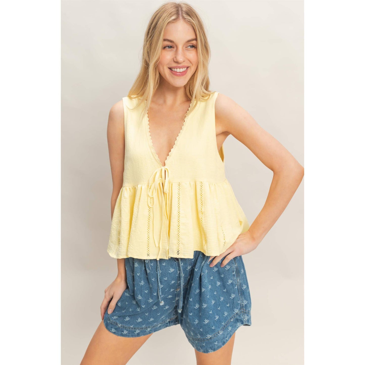 Lace Trim Tie Front Top