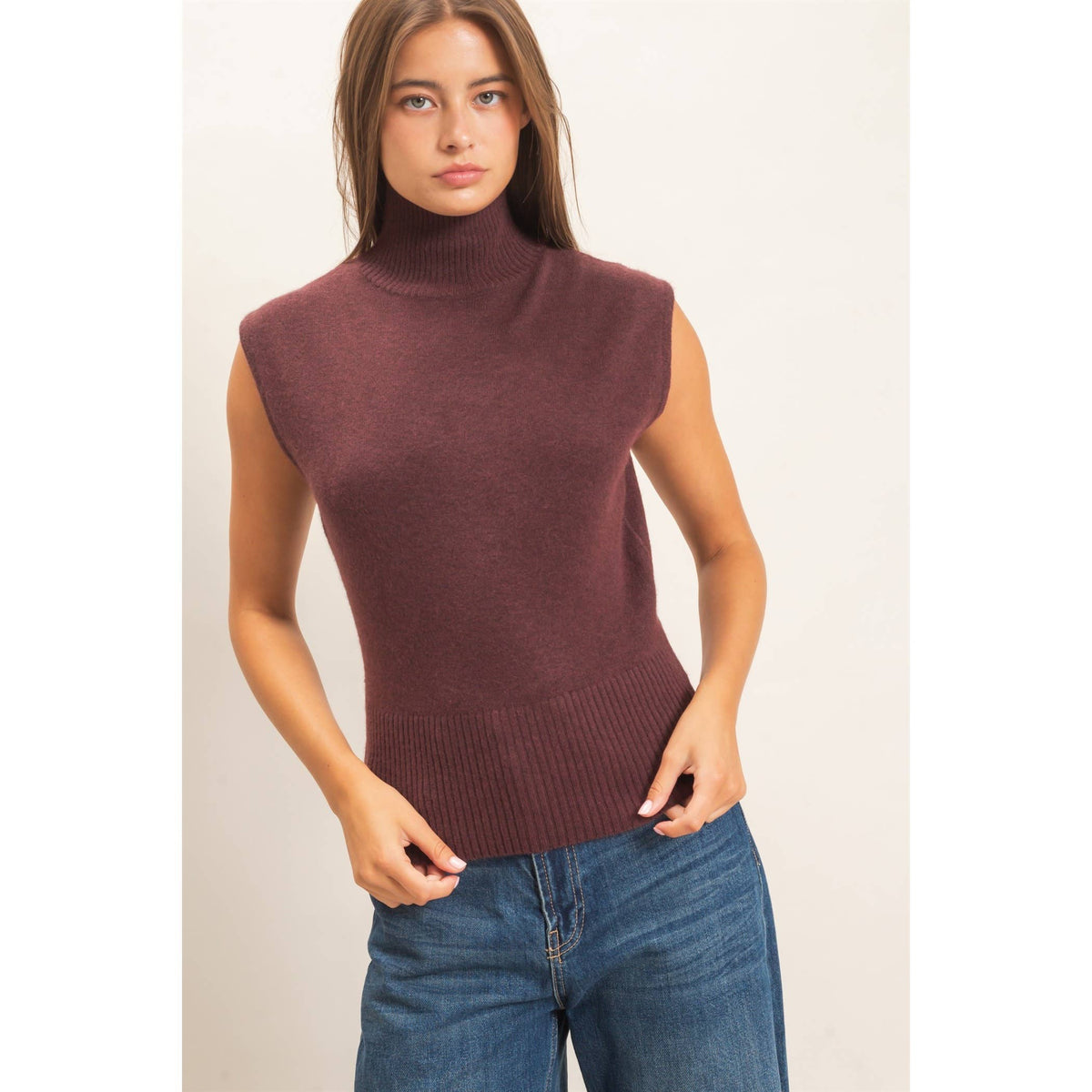 Sleeveless High Neck Knit Top
