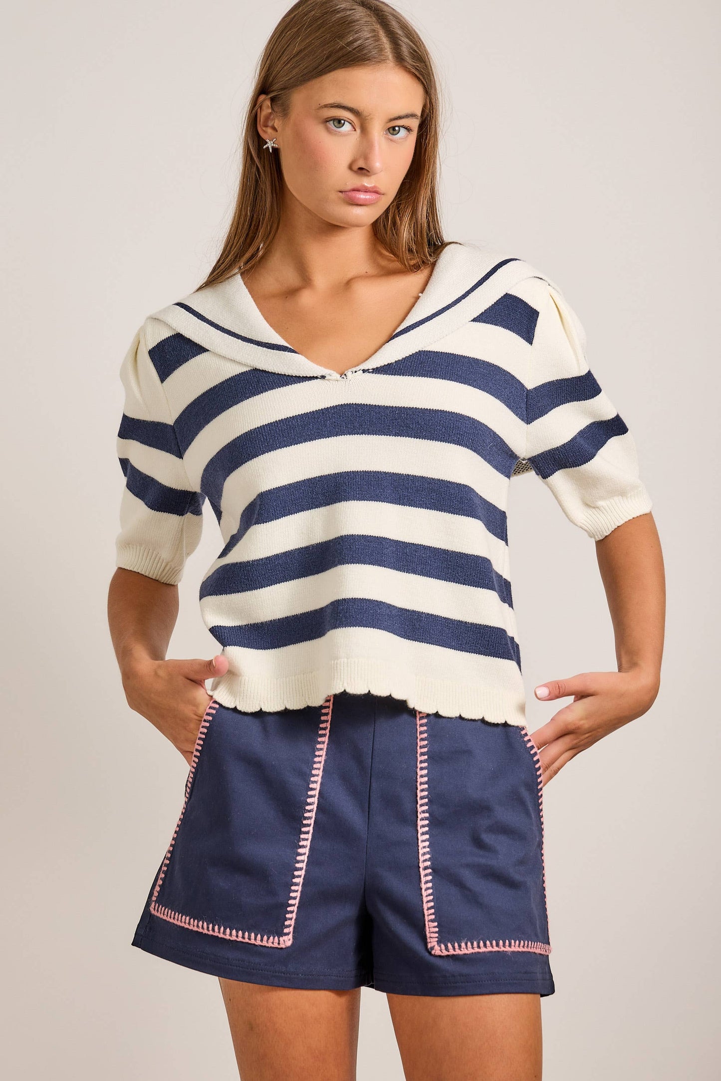 Nautical Contrast Stitch High-Waist Shorts