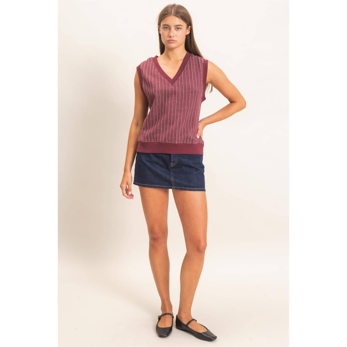 V-Neck Pinstripe Sleeveless Top