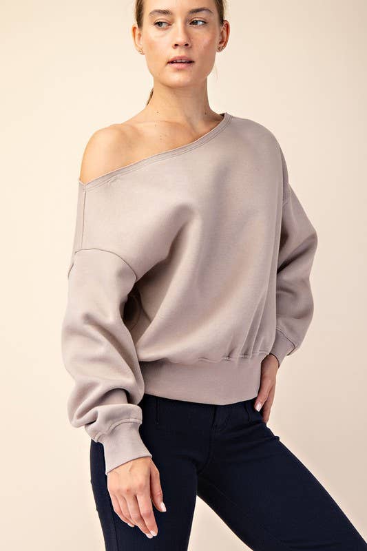 T689937 OFF SHOULDER FRENCH TERRY FLEECE TOP