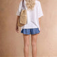 Denim Pleated Shorts with Bow Tie Detail