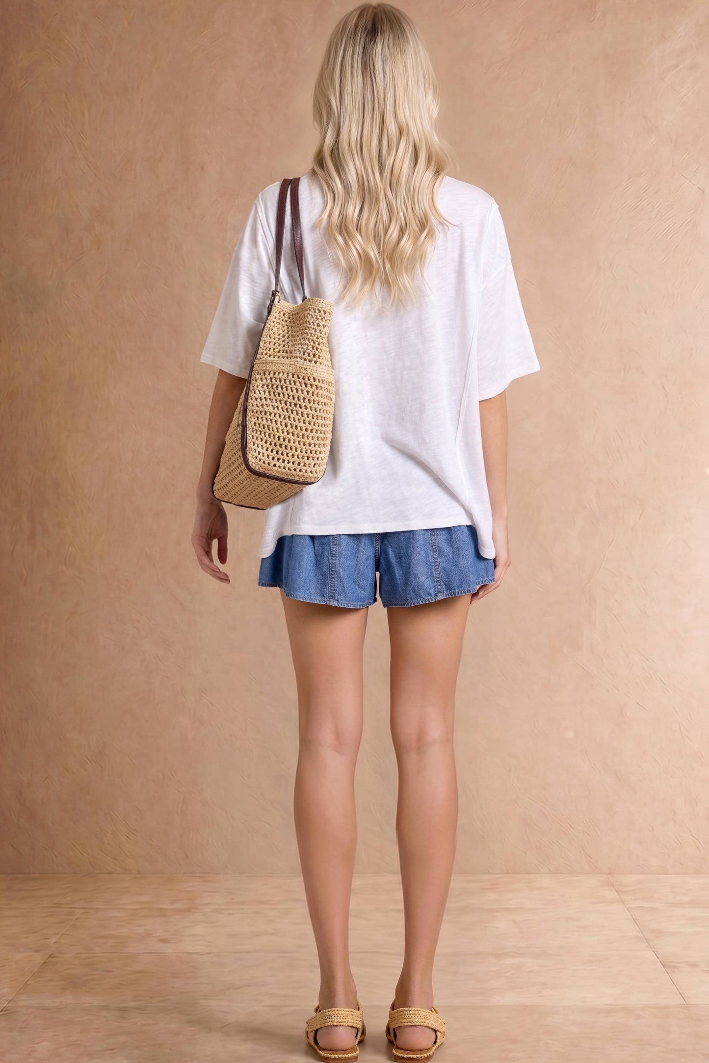 Denim Pleated Shorts with Bow Tie Detail