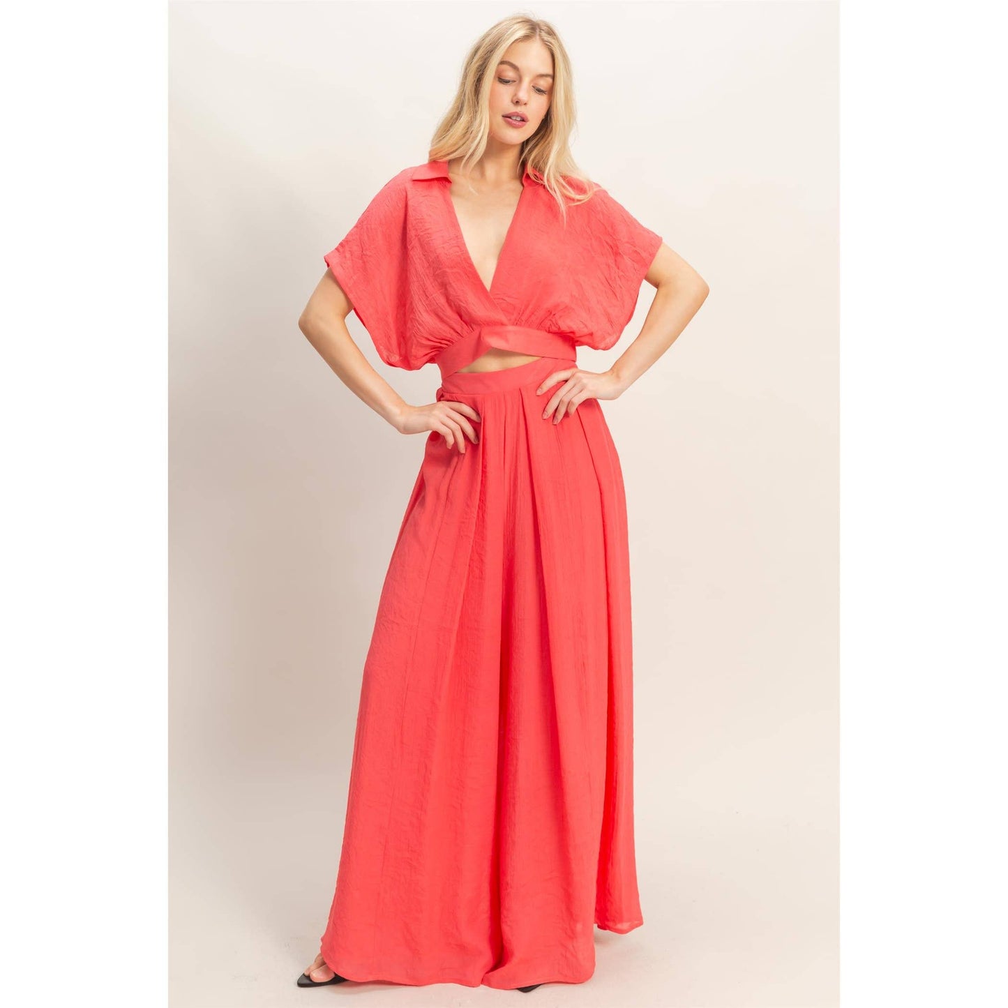 Collared Wrap Top & Wide-Leg Pants Set