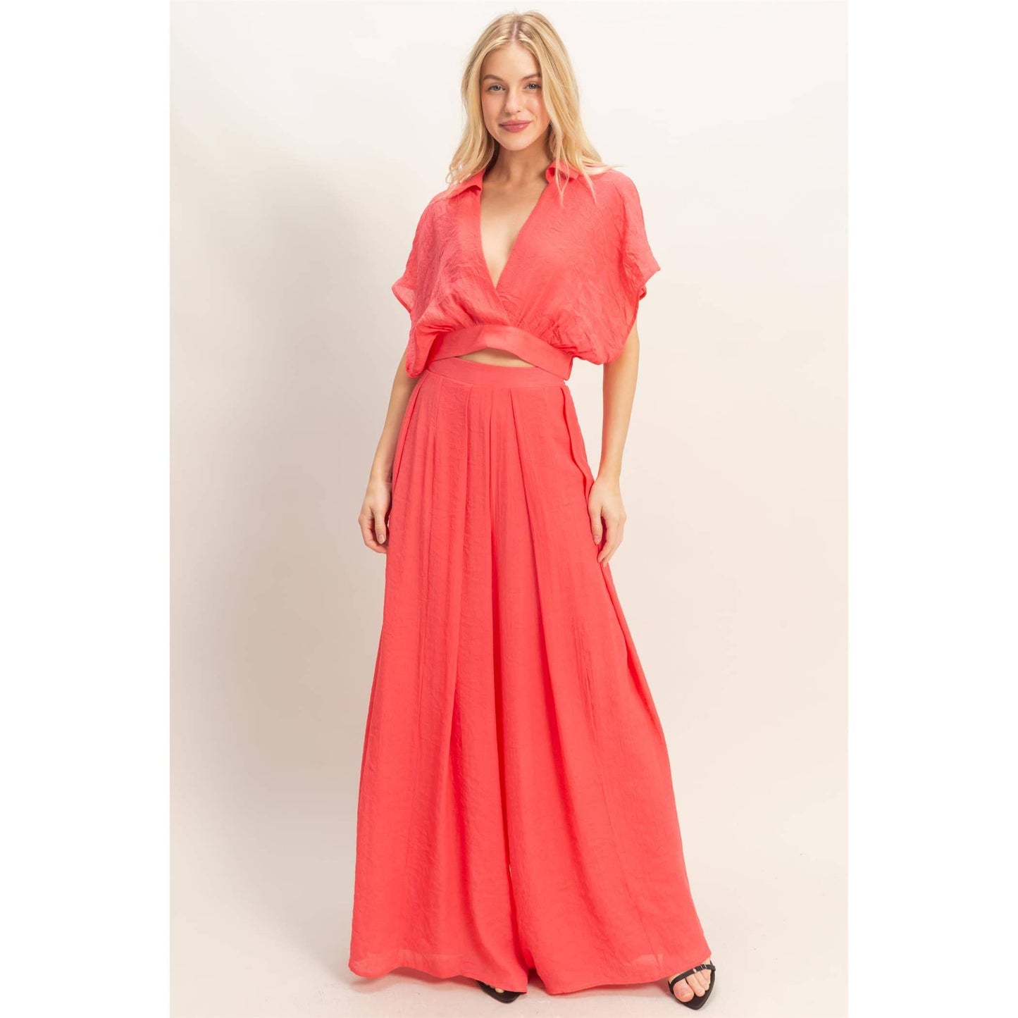 Collared Wrap Top & Wide-Leg Pants Set