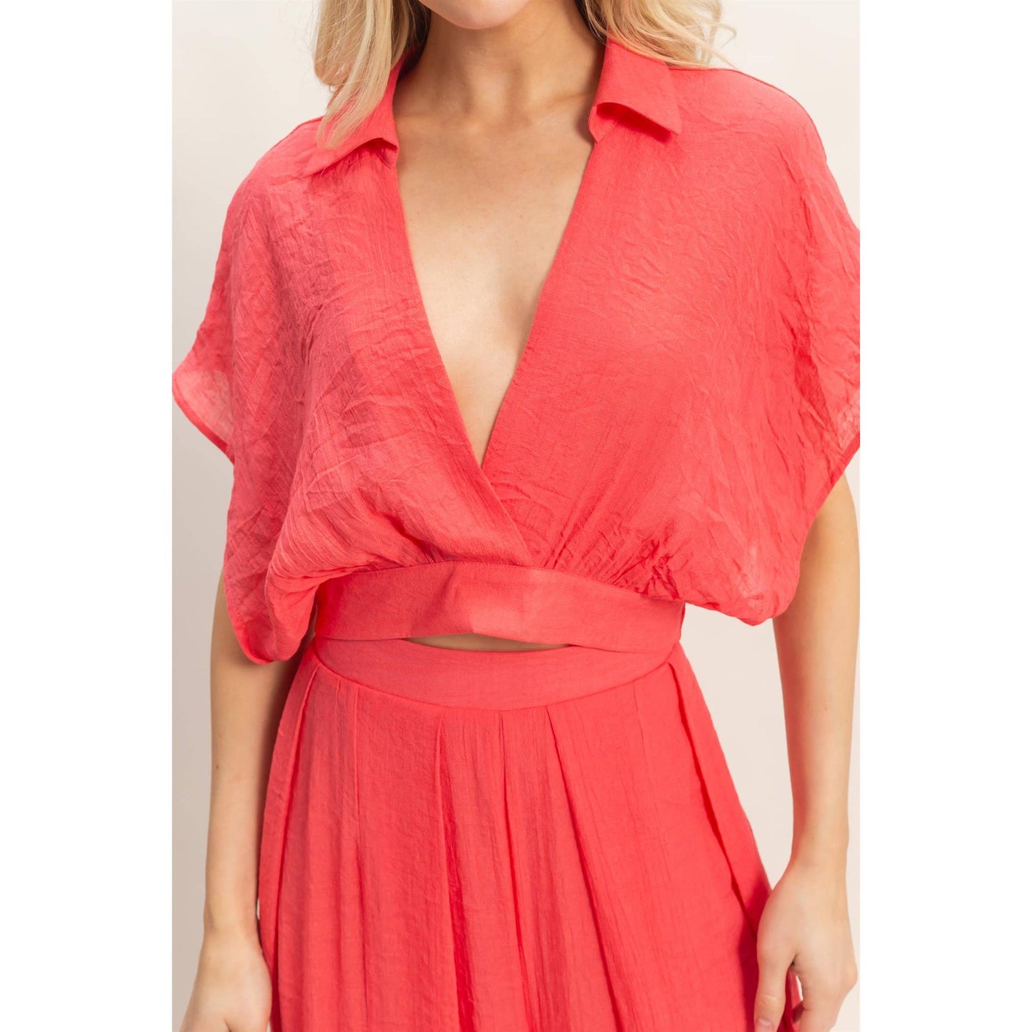 Collared Wrap Top & Wide-Leg Pants Set
