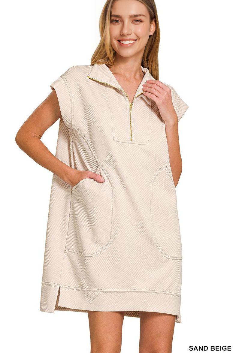 Textured Knit Jacquard Quarter Zipper Dress Zenana