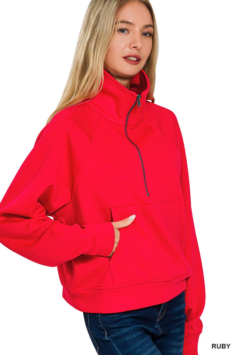 Scuba Half Zip Pullover With Kangaroo Pocket Zenana
