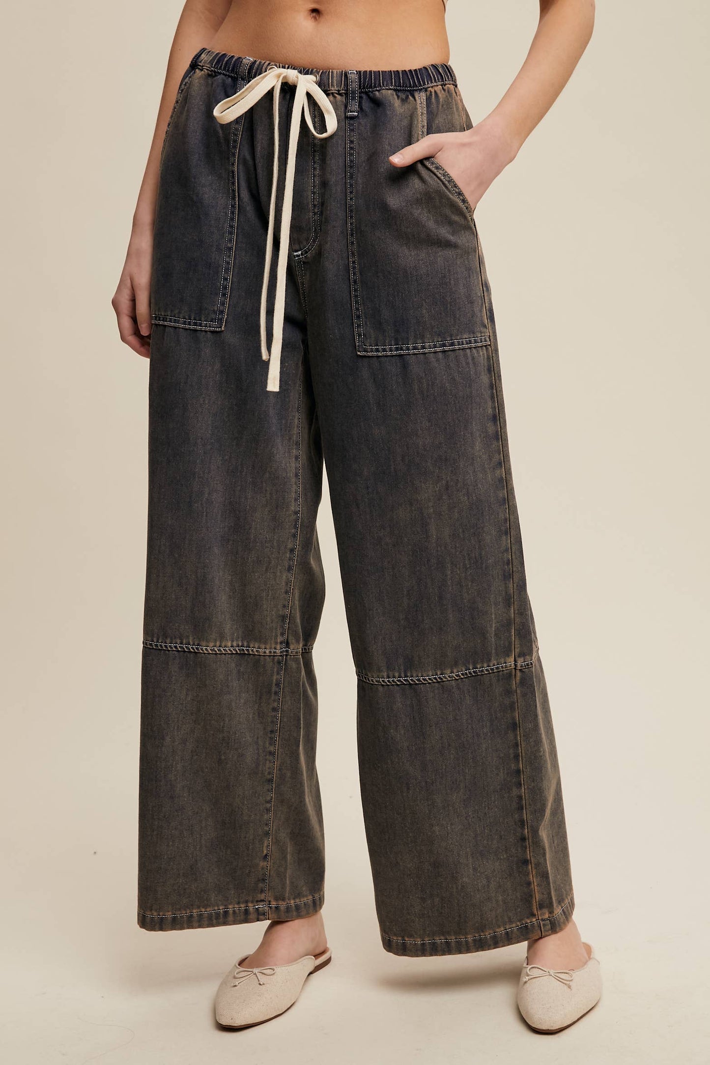 Wide-Leg Denim Drawstring Pants LP0256