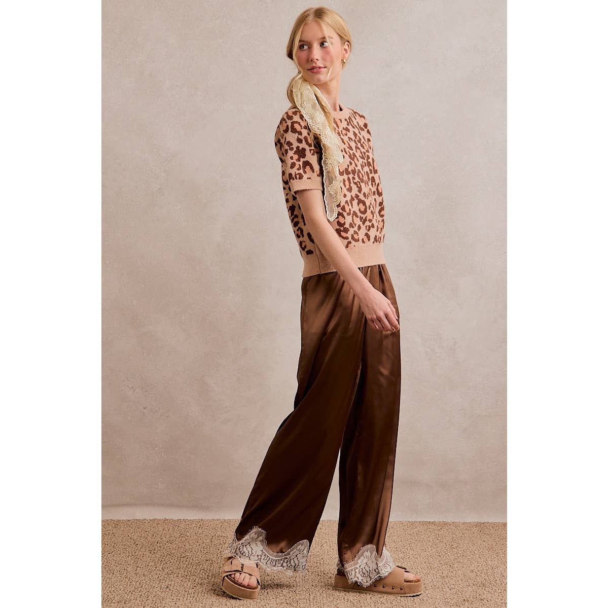 SATIN LACE TRIM WIDE LEG ELASTIC MID RISE PANTS