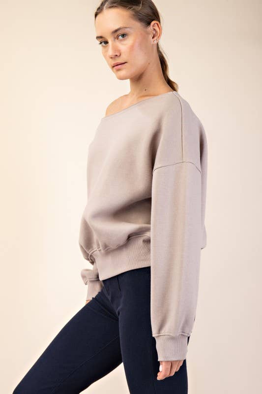 T689937 OFF SHOULDER FRENCH TERRY FLEECE TOP